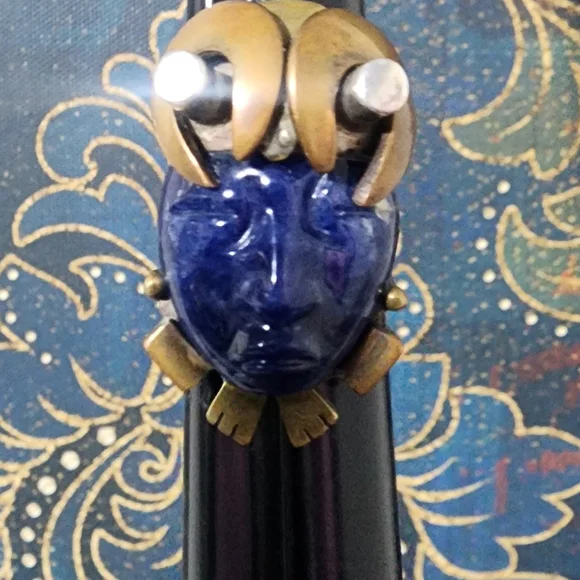 Taxco Blue Lapis Face Ring Sz 7.5 950 Silver Mixed Metal Accents Handmade Artist - Picture 12 of 12
